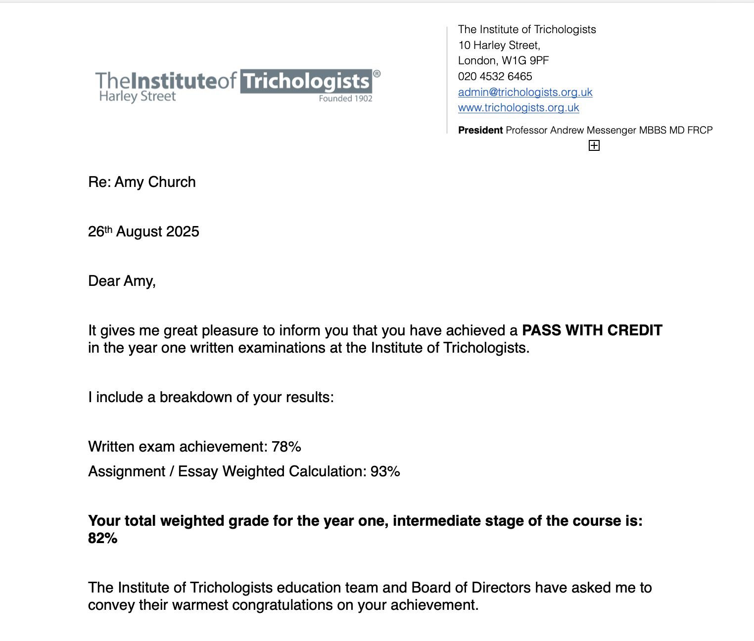 Harley Street Institute of Trichology certificate