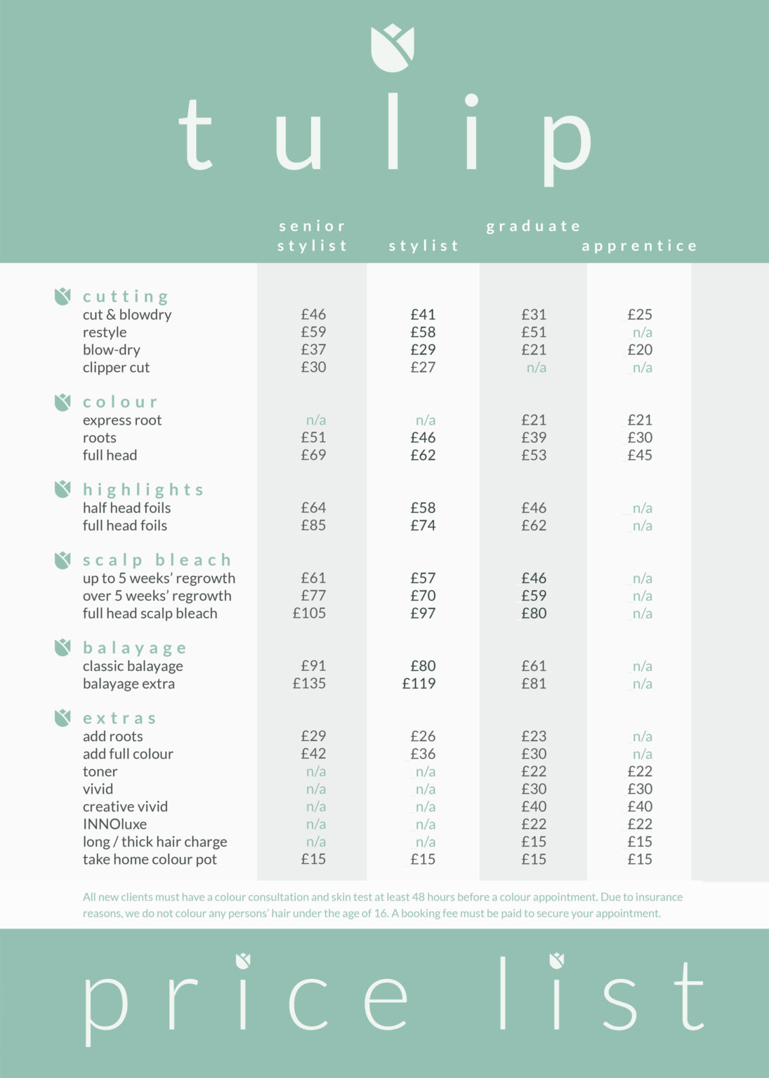 Tulip salon price List June 2026